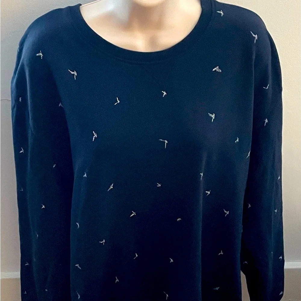 Denim & Flower Ricky Singh men’s navy blue birds print sweater pullover, size XL